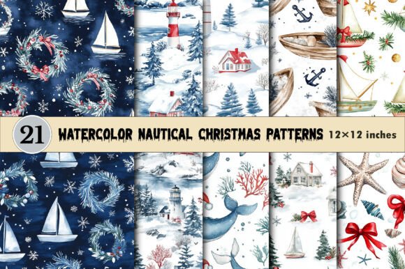 Download Watercolor Nautical Christmas Patterns - Patterns Collection