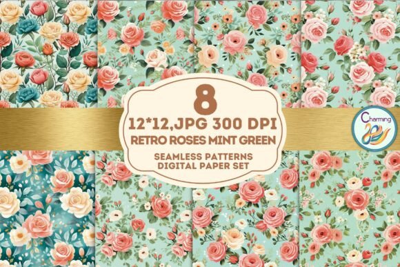 Download Seamless Paper: Retro Roses Mint Green - Seamless paper Collection