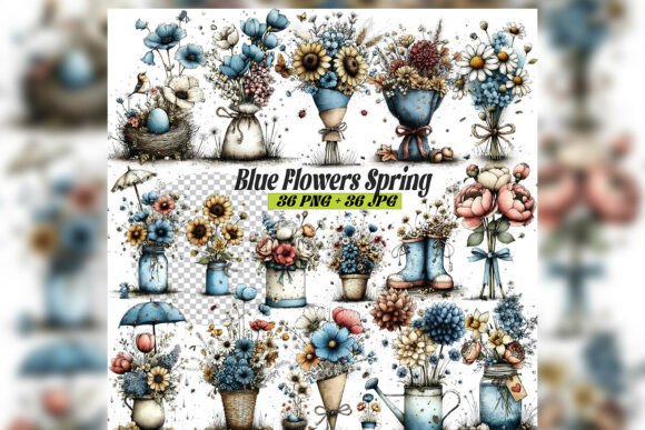 Download Whimsical Blue Spring Flowers Clipart Se - Flowers Collection